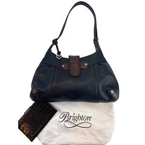 Vintage BRIGHTON Black & Brown Pebble Leather Hobo Handbag‎ Wallet & Dust Bag